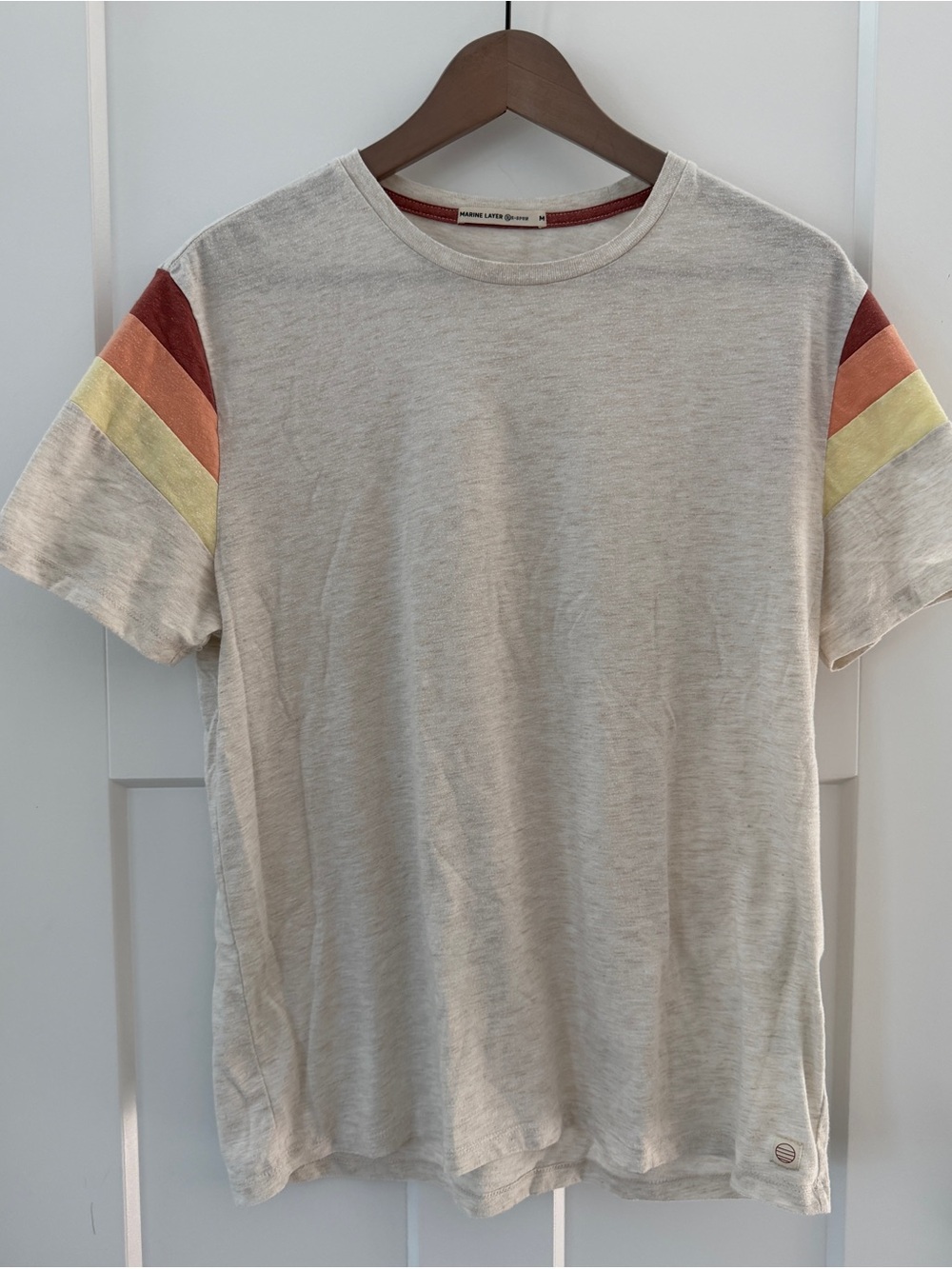 Marine Layer Neutral Crewneck Tee with Sunset Sleeve Stripes